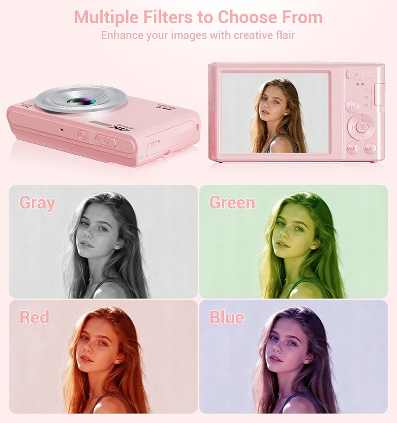 ceye Digital Camera, 2026 Upgraded FHD 4K Pink Digital Camera for Kids Teens Girls, Compact Cameras with 64GB Memory Card 2 Batteries, Small Portable Camera with 16X Autofocus Digital Zoom for Vlogging - Image 4